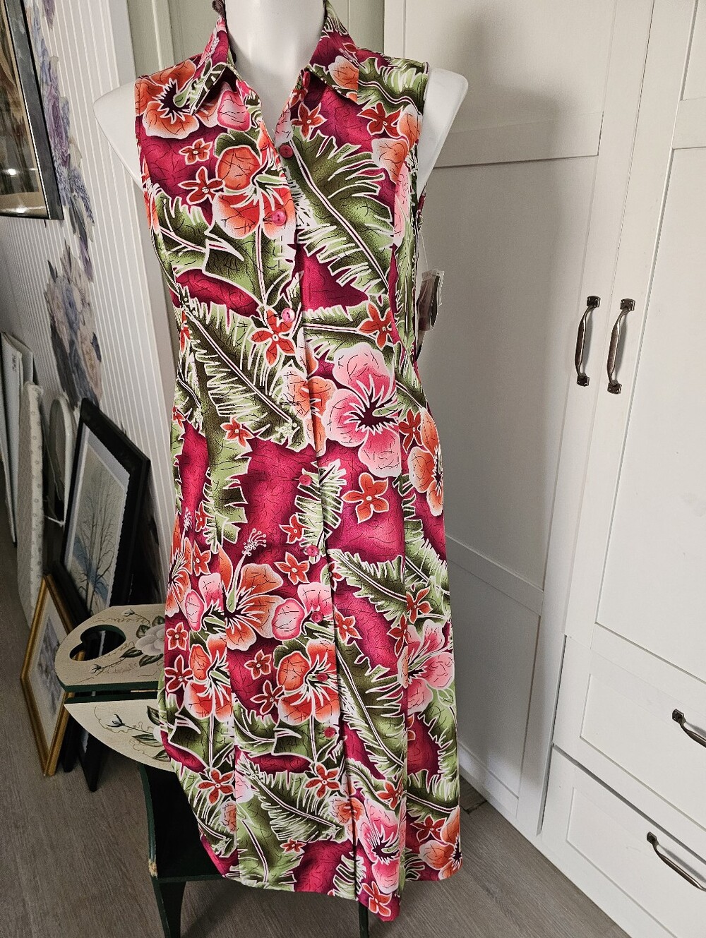VTG Sag Harbor Dress NWT 14 Petite 14P Pink Tropical Hawaiian Floral Maxi Y2K